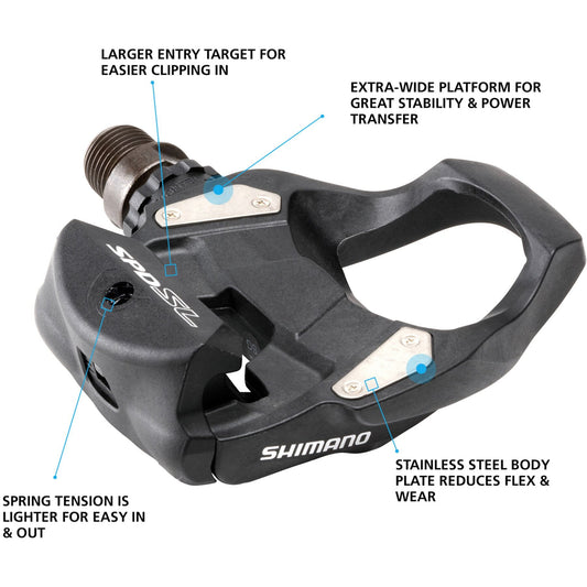 Shimano PD-RS500 SPD-SL pedal, resin composite pedals, road bike pedals, features.