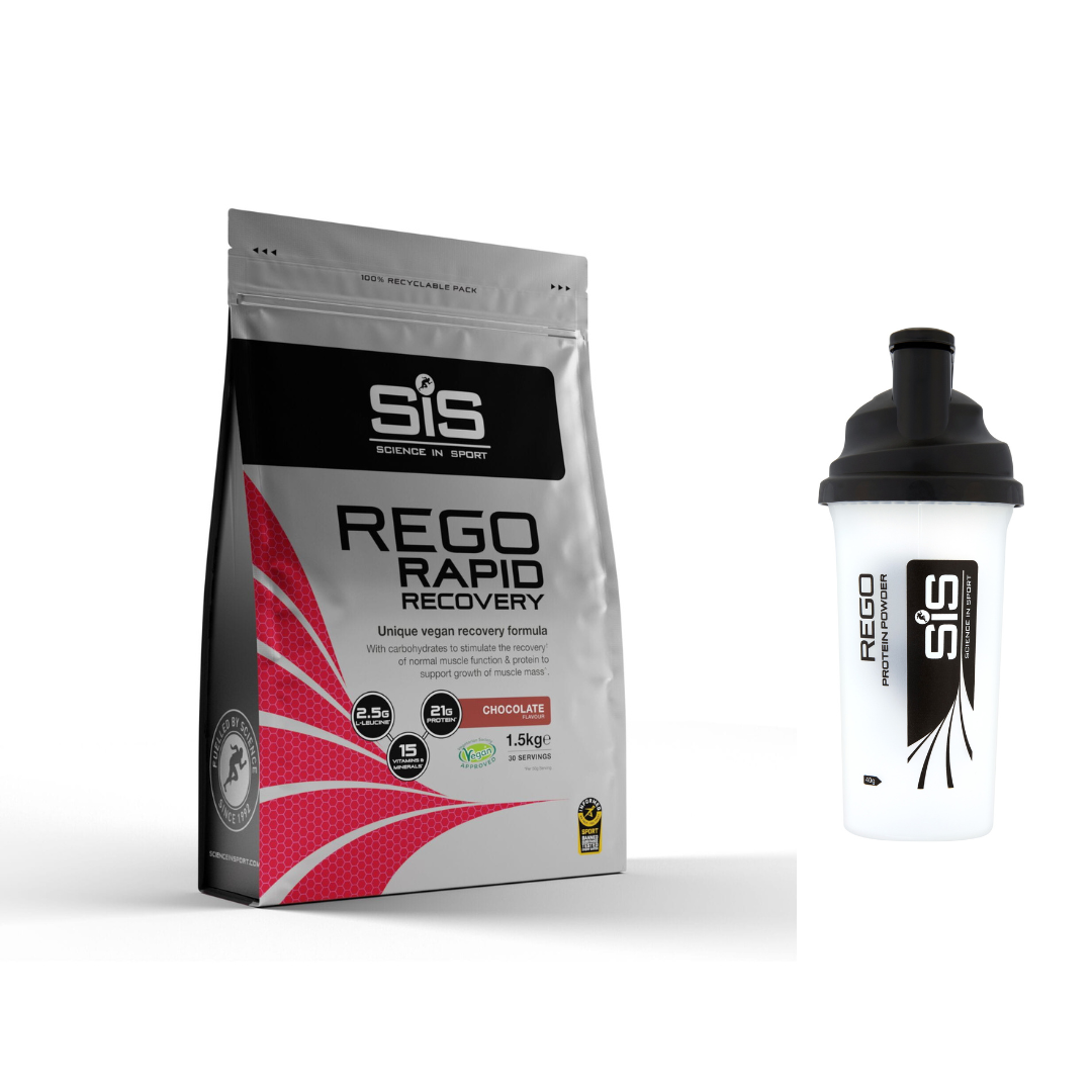 SIS REGO Rapid Recovery chocolate powder shown with a drinks bottle
