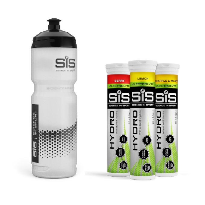 Science in Sport drinks bottle and hydro tabs bundle, various flavour sis hydro tablets.
