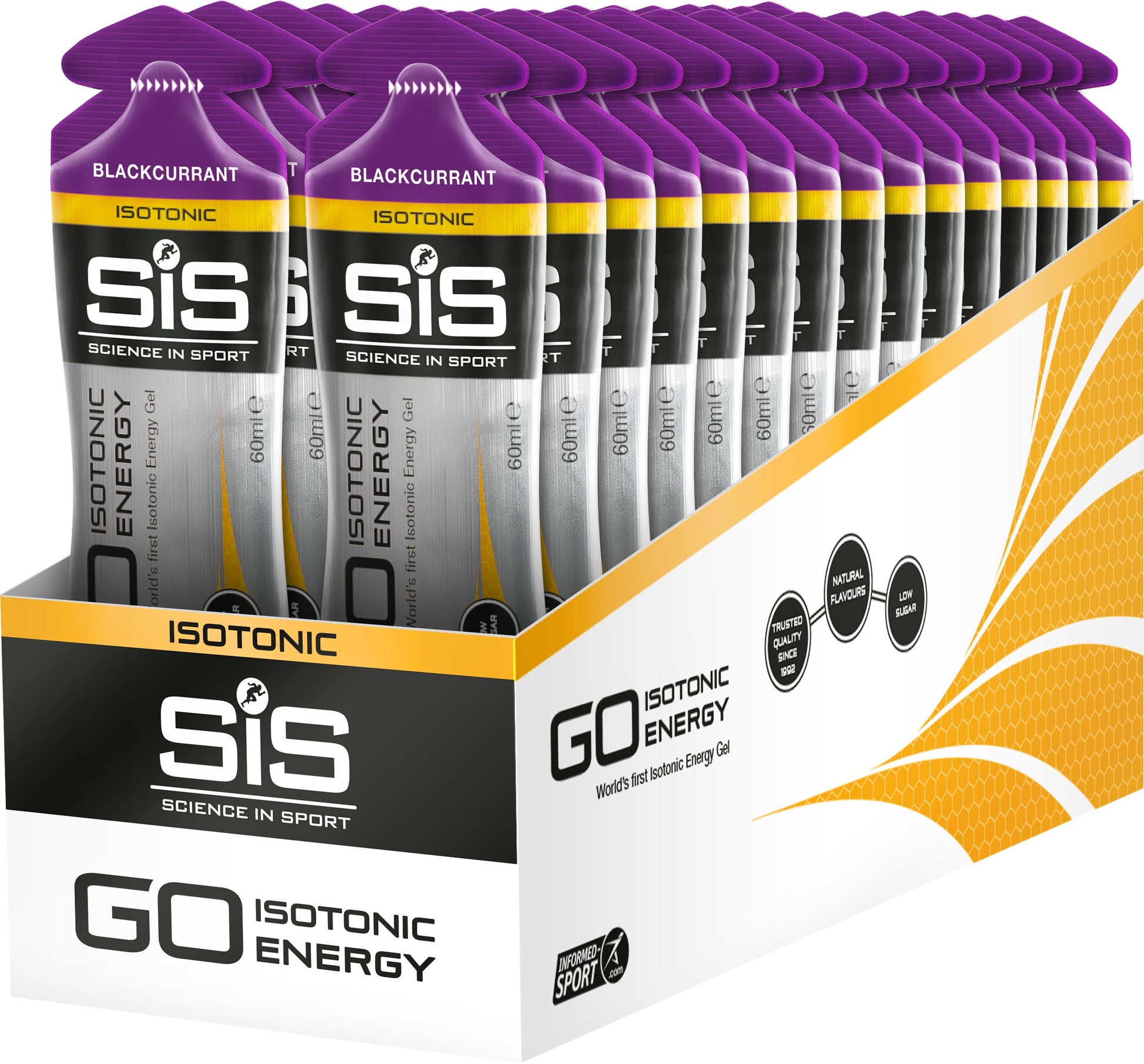 SIS GO Isotonic Energy Gel Box Of 30 Gels blackcurrent flavour.