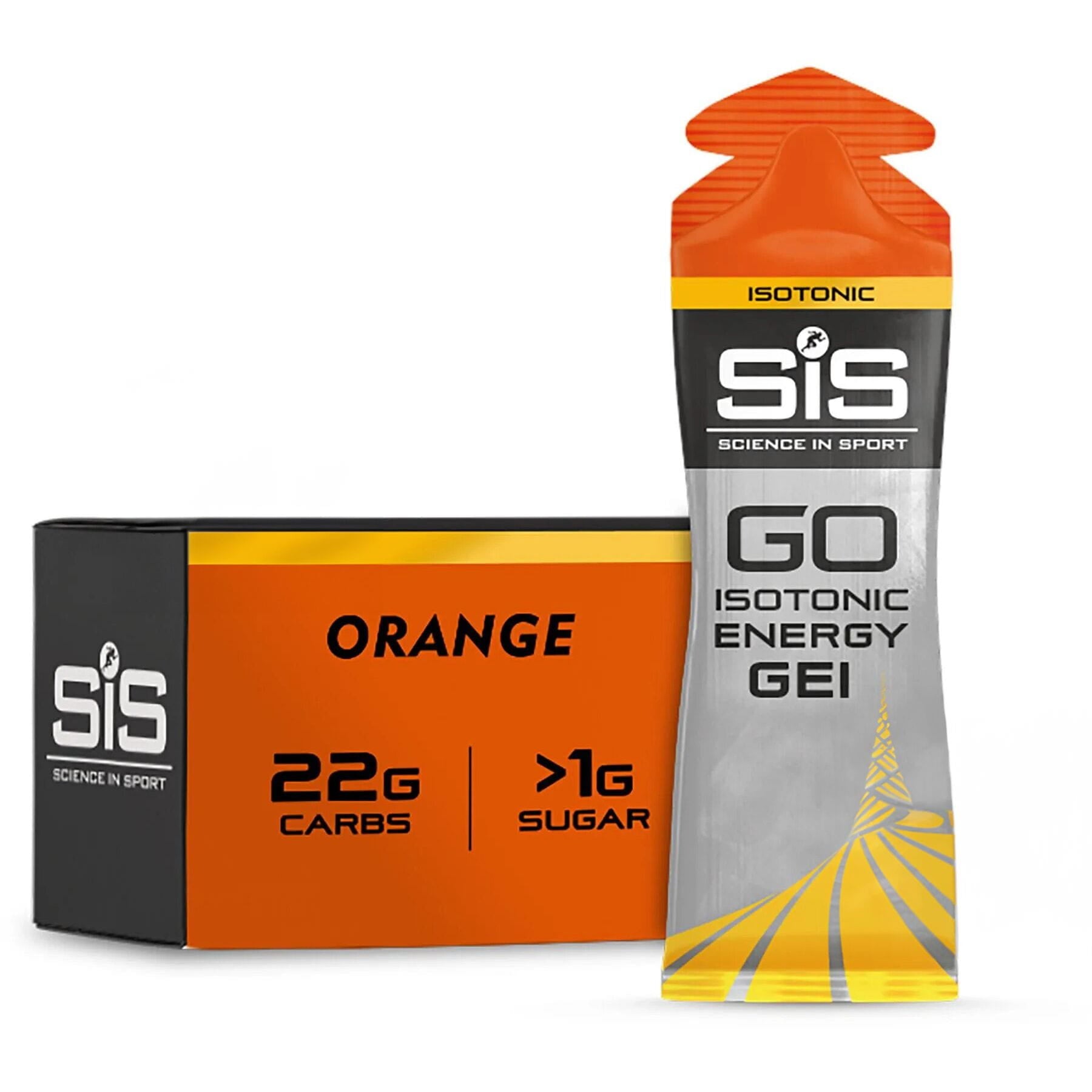 SIS GO Isotonic Energy Gel Orange, box of 30 energy gels.