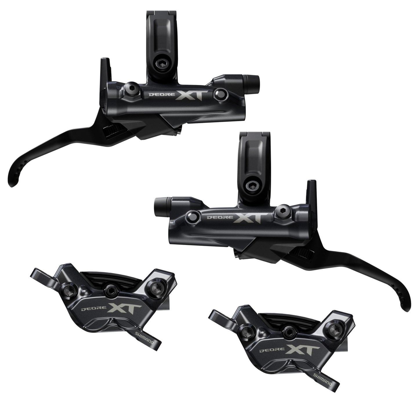 Set of Shimano XT bike brake levers on a white background, XT 4 pot brakes, best mountain bike mtb brakes.