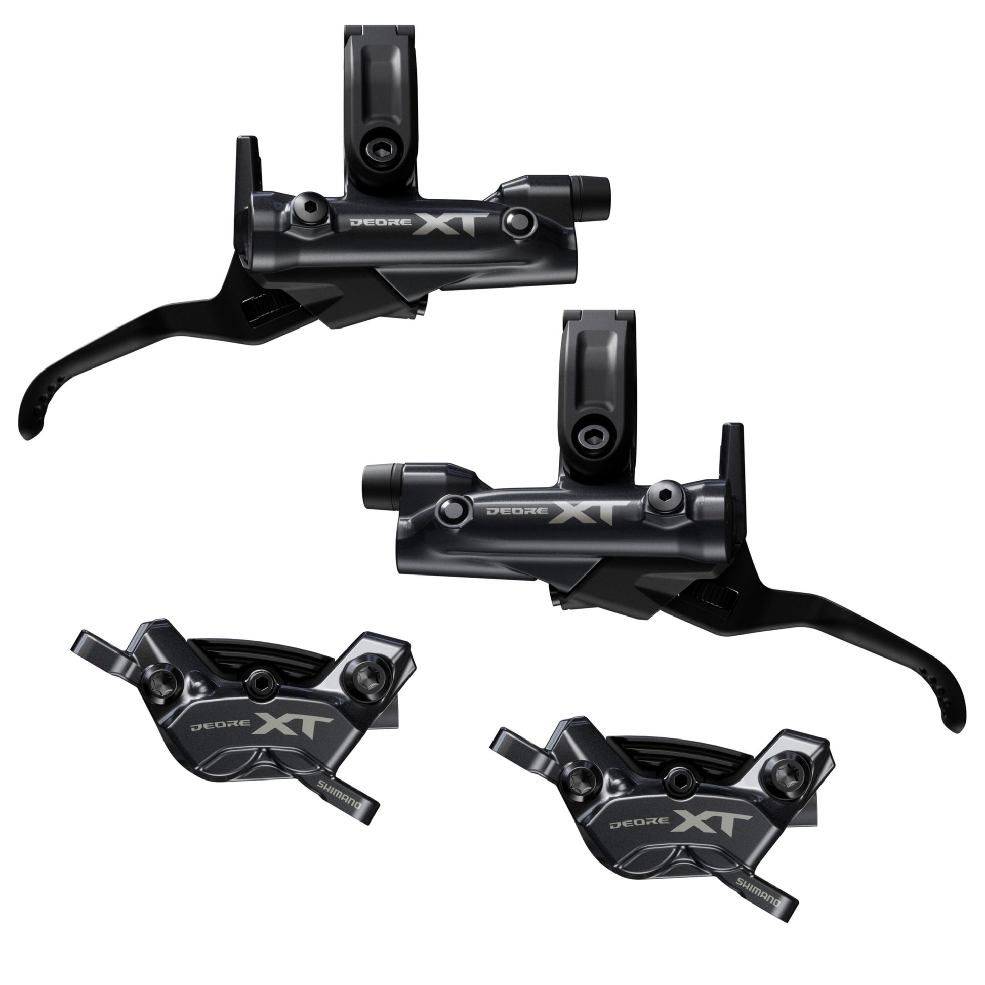 Set of Shimano XT bike brake levers on a white background, XT 4 pot brakes, best mountain bike mtb brakes.