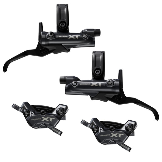 Set of Shimano XT bike brake levers on a white background, XT 4 pot brakes, best mountain bike mtb brakes.